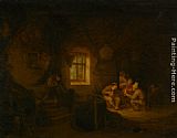 Adriaen Van Ostade Canvas Paintings - A Tavern Interior with Peasants Drinking Beneath a Window